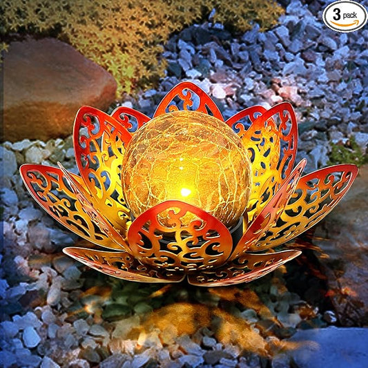 3 Pack Solar Lights Outdoor Garden 6.3 " Glass Lotus Lamp Waterproof LED Metal Flower Lights Outdoor Garden Table Decor for Outside Balcony, Patio, Deck, Porch, Walkway
