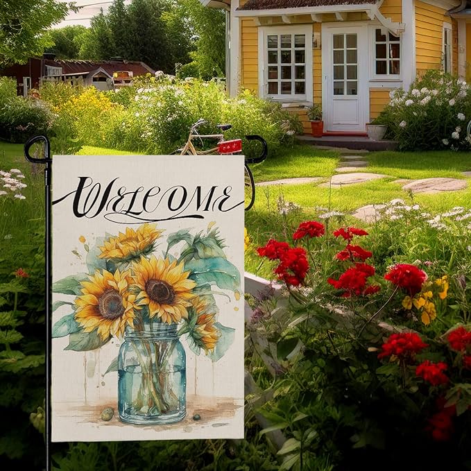 Summer Sunflower Garden Flag 12x18 Inch Double Sided Welcome Flower Vase Vertical Seasonal Yard Flags for Outdoor Yard Lawn Home Decoration