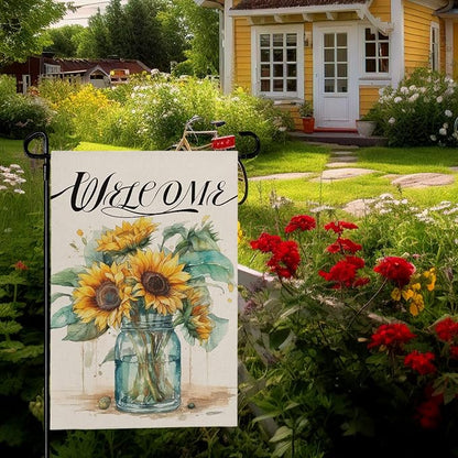 Summer Sunflower Garden Flag 12x18 Inch Double Sided Welcome Flower Vase Vertical Seasonal Yard Flags for Outdoor Yard Lawn Home Decoration