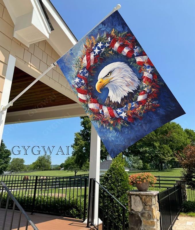 Patriotic Bald Eagle House Flag 28x40 Inch Double Sided Burlap American Flag Wreath Outdoor Yard Decor for 4th of July, Veterans Day, Memorial Day
