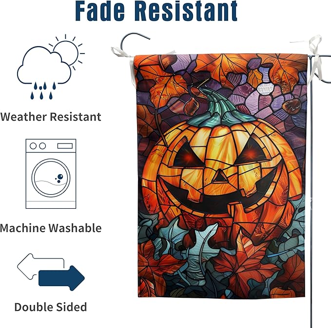 Spooky Pumpkin House Flag Scary Halloween Flags for Outside 28x40 Double Sided Large Stained Glass Fall Garden Flags Autumn Yard Flag for Outdoor Porch Lawn Farmhouse Thanksgiving Decor