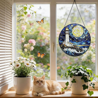Stained Glass Window Hanging, 8 Inch Ocean Lighthouse Suncatcher, Sun Catchers Indoor Window, Suncatchers for Windows Hanging, Spring Home Garden Decor Panel Mothers Day Birthday Gift for Mom Grandma