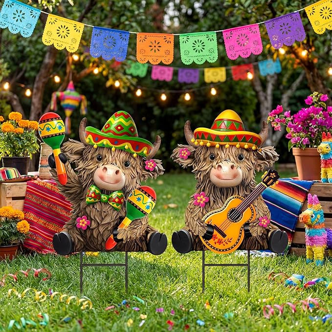 Amyhill 2 Pcs Mexican Fiesta Metal Outdoor Decor Cinco De Mayo Garden Stakes Highland Cow Welcome Yard Signs Decorations Garden Stakes for Mexican Western Cowboy Patio Lawn Walkway Outside Decor