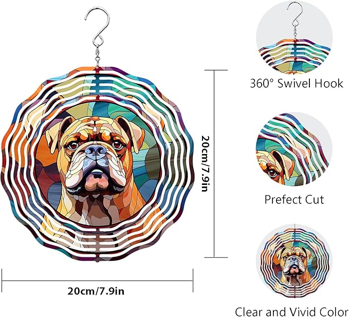 Bulldog Dog Wind Spinners Outdoor Dog Memorial Gifts, 3D Metal Kinetic Hanging Garden Wind Spinner, Spinner Decor, Wind Sculptures for Outdoor & Indoor, Window, Yard Decor (Bulldog 2)
