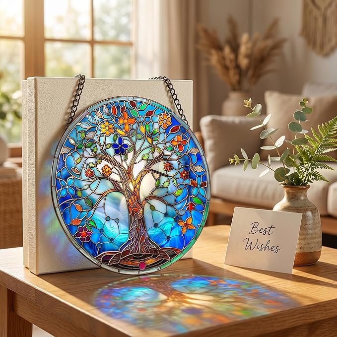 Stained Glass Window Hanging Tree of Life Suncatcher 8 Inch, Indoor Outdoor Wall Art Home Decor, Sun Catchers, Birthday Holiday Gift for Women Men