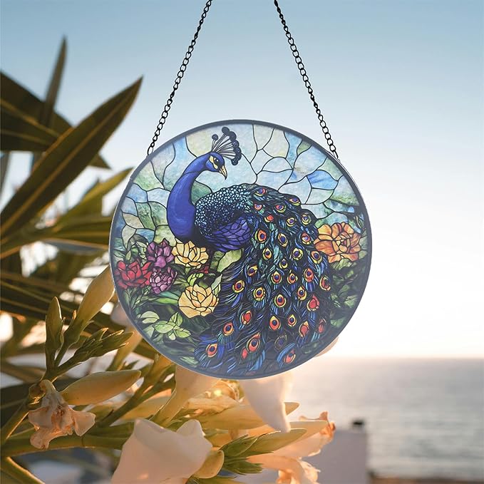 Stained Glass Sun Catcher,Blue Peacock Glass Window Hanging Garden Decor,Sun Catchers Indoor Window,Whimsical Decoration for Home Backyard Patio Lawn Porch with 6.3 INCH