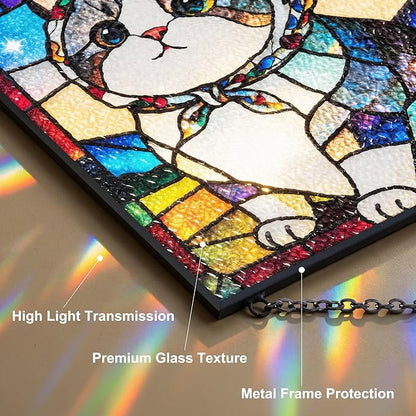 Cat Stained Glass Window Hanging, 7.9" Square Suncatcher with Chain Suction Cup, Cute Kitten Sun Catchers Indoor Window, Colorful Cat Decor for Wall, Porch, Birthday, Tuxedo Cat