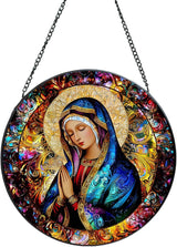 Suncatcher Stained Glass Window Hanging - Mother Mary Glass Panel with Metal Chain and Hooks Handmade Sun Catcher Decoration for Window Garden Home Christmas & Birthday Gifts (7.8 Inch)