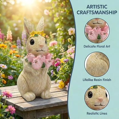 Solar Garden Statues Outdoor Decor,Rabbit Statue with Flowers and 5 LED Lights,Yard Decorations for Patio, Balcony, Backyard, Lawn Ornaments,Unique Birthday House Warming Gifts for Women, Mom, Grandma