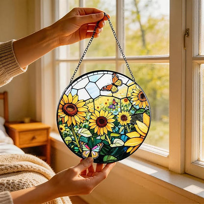 Stained Glass Window Hanging, Sunflowers Suncatcher 7.8 in Sun Catcher Glass Panel Boho Wall Art Decor with Chain Diamond Glass Panel Hangings Scenery Sun Catchers Decor for Lover Couple Mom