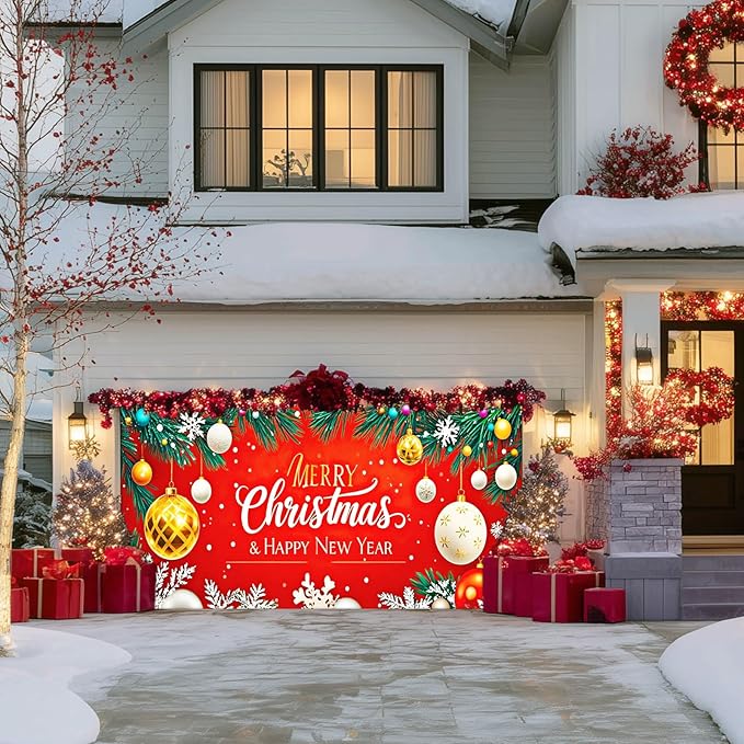 IVN Christmas Garage Door Cover Decoration 13x6ft Gold and White Baubles Red Snowflake Design Merry Christmas Winter Garage Door Banner Home Door Front Yard Decor for Xmas Eve Holiday Outdoor