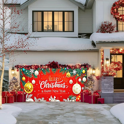 IVN Christmas Garage Door Cover Decoration 13x6ft Gold and White Baubles Red Snowflake Design Merry Christmas Winter Garage Door Banner Home Door Front Yard Decor for Xmas Eve Holiday Outdoor