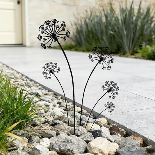 KODIBO 5-Pack Black Dandelion Metal Garden Stakes Outdoor Decor, Matte Powder-Coated Yard Stakes Set, Metal Yard Art, Modern Minimalist Garden Accents for Lawn, Borders, Planters, Porch & Patio