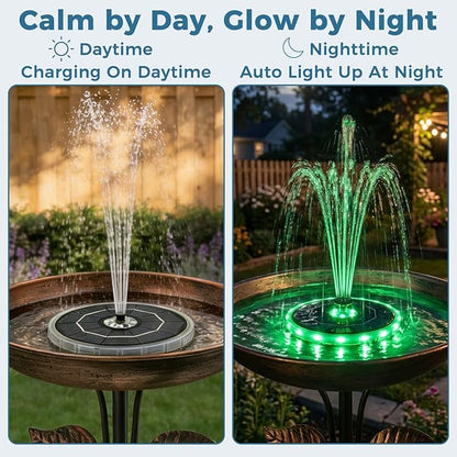 Solar Fountain for Bird Bath with Colorful LED Lights, Floating Solar Fountain, 3W Solar Powered Water Fountain Pump with Strong Spray & 5 Nozzles for Garden, Pond, Pool, 23 LED Lights