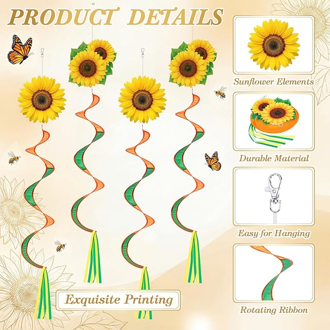 Gerrii 4 Pcs Spring Sunflower Windsock for Outside Sunflower Wind Spinner Hanging Decor Springtime Wind Twister Windmill for Yard Garden Patio Home Supply