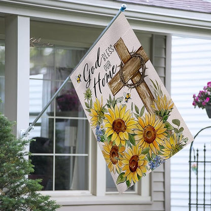 God Bless Our Home Spring Summer Easter Decorative House Flag, Religious Cross Sunflower Floral Garden Yard Outside Decorations, Inspirational Fall Autumn Outdoor Large Home Decor 28 x 40