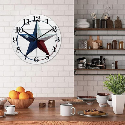 Country Wall Clock Western Texas Star Vintage Wood Clock Non-Ticking Silent Battery Operated Easy to Read Stylish Time Clock for Bedroom Kitchen Living Room Decor 12 Inch