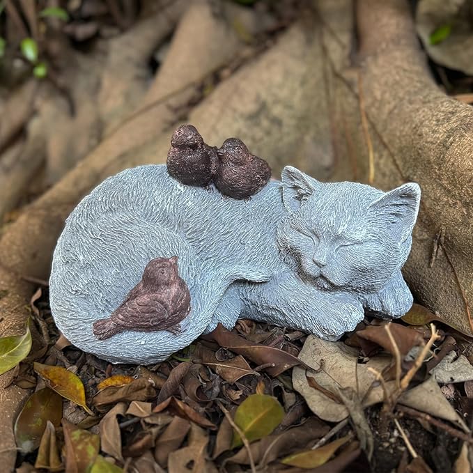 Cat Statue Outdoor Garden Decoration, Cat Memorial Stone Peaceful Sleeping Statues & Figurine Garden Decor for Patio Lawn Porch, 11.5" Tabby Grave Markers and Loss Pet Sympathy Gift