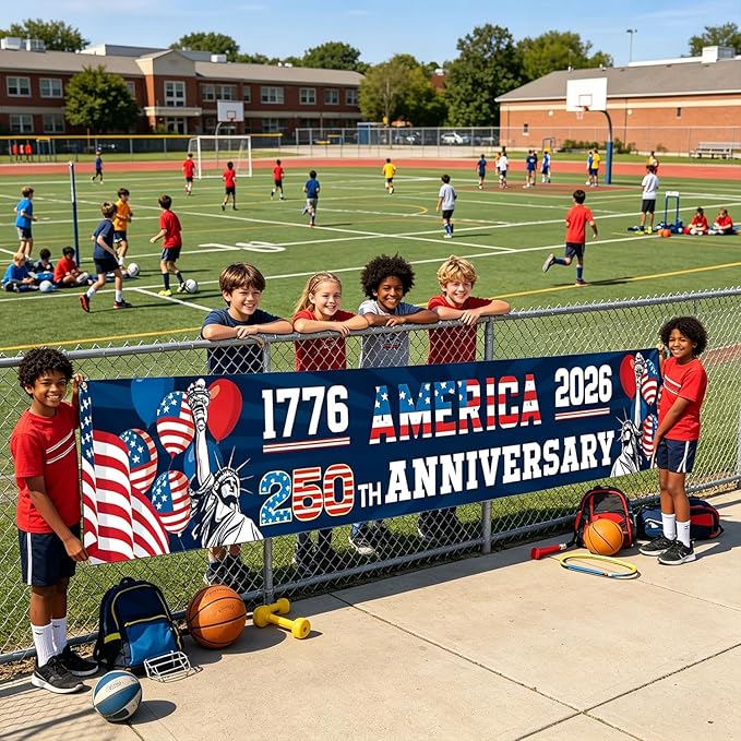 250th Anniversary USA Banner 120 x 20 Inches America 1776-2026 250 Years Birthday Banner American Flag Statue of Liberty Designs Patriotic Party Home Decorations for Outdoor Indoor Yard Garden Lawn