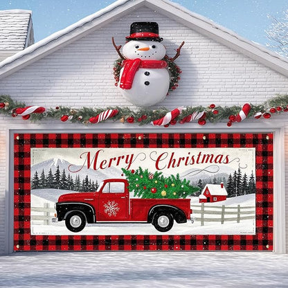IVN Vintage Red Truck Christmas Tree Mountain Scene Garage door banner Door Cover Indoor And Outdoor Studio Background Hanging Decoration 13x6ft