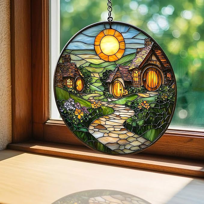 Whimsical Vivid Village Mosaic Art Acrylic Suncatcher Stained Glass Effect Window Car Hanging Christmas Ornament Indoor Outdoor Decor Garden Sun Catcher Panel for Scenery Lover for Women Mom Grandma