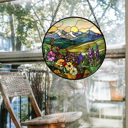 Stained Glass Window Hanging Purple Wildflowers Pastoral Scenery 6.3" - Suncatcher Door Garden Sun Catcher Home Decor Birthday Christmas for Mom Men Woman Friend