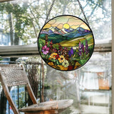 Stained Glass Window Hanging Purple Wildflowers Pastoral Scenery Large 11.8" - Suncatcher Door Garden Sun Catcher Home Decor Birthday Christmas for Mom Men Woman Friend