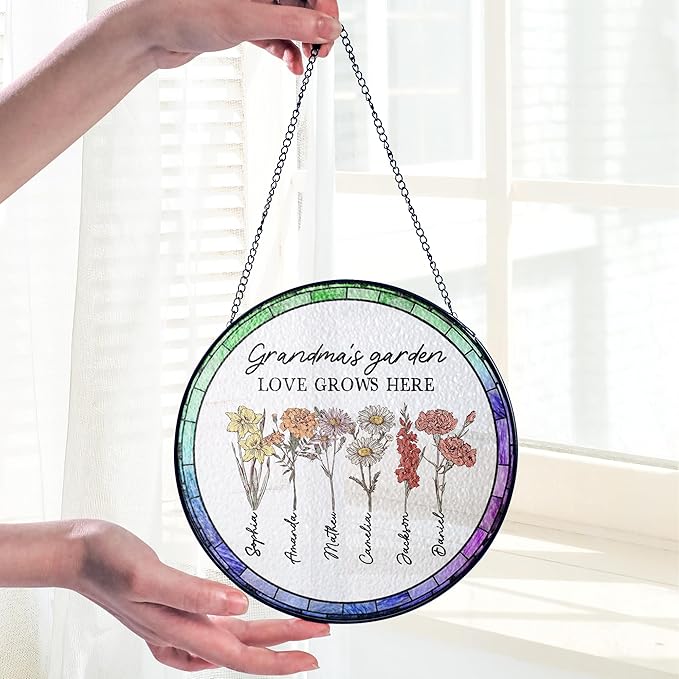 Personalized Grandma’s Garden Stained Glass Window Hanging Ornament, Custom Birth Month Flowers with Kids’ Names, Grandma Love Grows Here Floral Art, for Mom Grandma