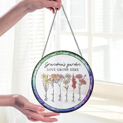 Personalized Grandma’s Garden Stained Glass Window Hanging Ornament, Custom Birth Month Flowers with Kids’ Names, Grandma Love Grows Here Floral Art, for Mom Grandma