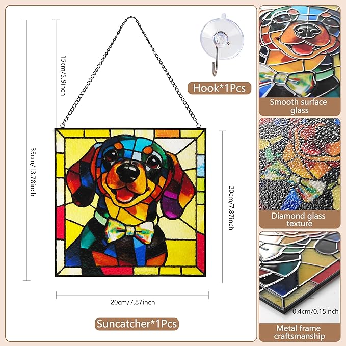 Hanging Stained Glass Dog Suncatcher for Window, Sun Catchers for Outdoor Decoration, Dachshund Garden Decor, Gifts for Women, Lovers, Couple, Friend, Bestie