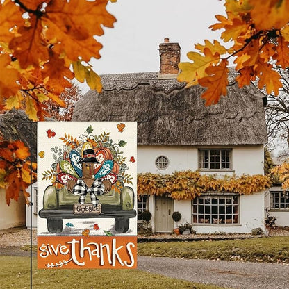AVOIN colorlife Give Thanks Thanksgiving Garden Flag 12x18 Inch Double Sided Outside, Gobble Turkey Truck Rustic Yard Outdoor Flag