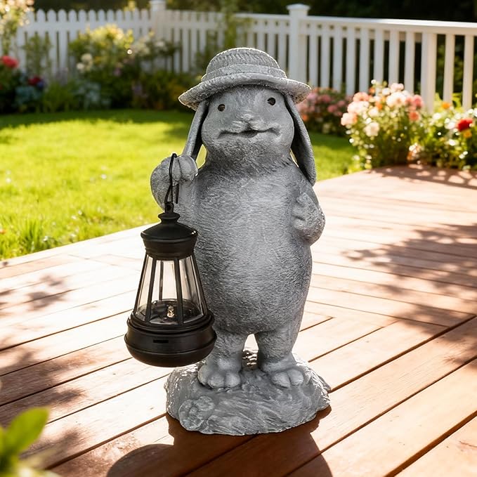 Solar Rabbit Garden Statue with Hanging Lantern - Funny Outdoor Bunny Figurine Easter Decor- Waterproof Resin Sculpture for Yard, Patio, Pathway - Easter Decorations & Birthday Gifts for Mom, Grandma