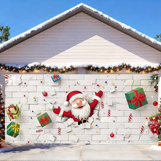 6 x 13 ft Christmas Garage Door Decorations Merry Christmas decorations Xmas Garage Door Cover, Happy New Year Hanging Banner for Home,Outdoor,Indoor,Party (White wall, 6 x 13 ft)