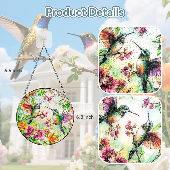 Suncatcher Stained Glass Window Hanging - Hummingbird Glass Panel with Metal Chain and Hooks Handmade Sun Catcher Decoration for Window Garden Home Christmas & Birthday Gifts (6.3 Inch)