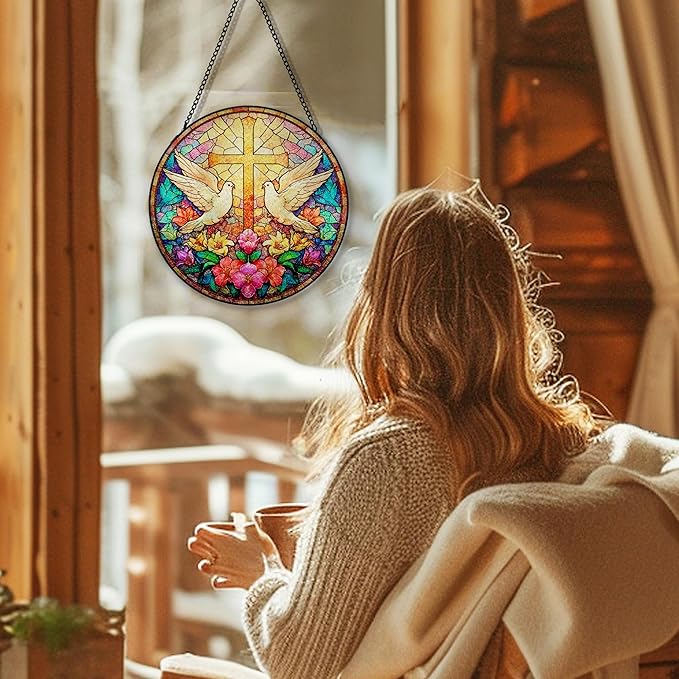 Christian Cross Wildflowers Suncatcher Stained Glass Window Hanging, Christian Flower Sun Catchers Indoor Window Glass Round Wall Decor, Religious Cross Wall Art Hanging Decorations, ＂7.8x7.8＂