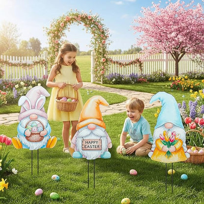 DoubleFill 3 Pcs Easter Decorations Outdoor 3D Metal Easter Eggs Tulip Yard Signs Decorative Garden Stakes Eggs Bunny Gnome Lawn Decorations Yard Decor for Spring Lawn Pathway Garden(Gnome Style)