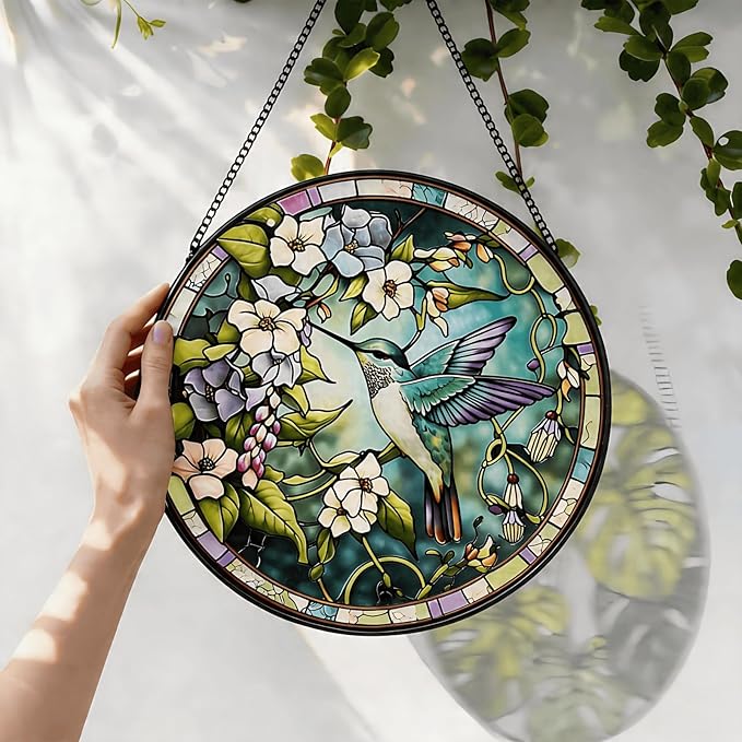 Stained Glass Sun Catcher,Fly HummingbirdStained Glass Window Hanging Garden Decor,Sun Catchers Indoor Window,Whimsical Decoration for Home Backyard Patio Lawn Porch with 7.9 INCH