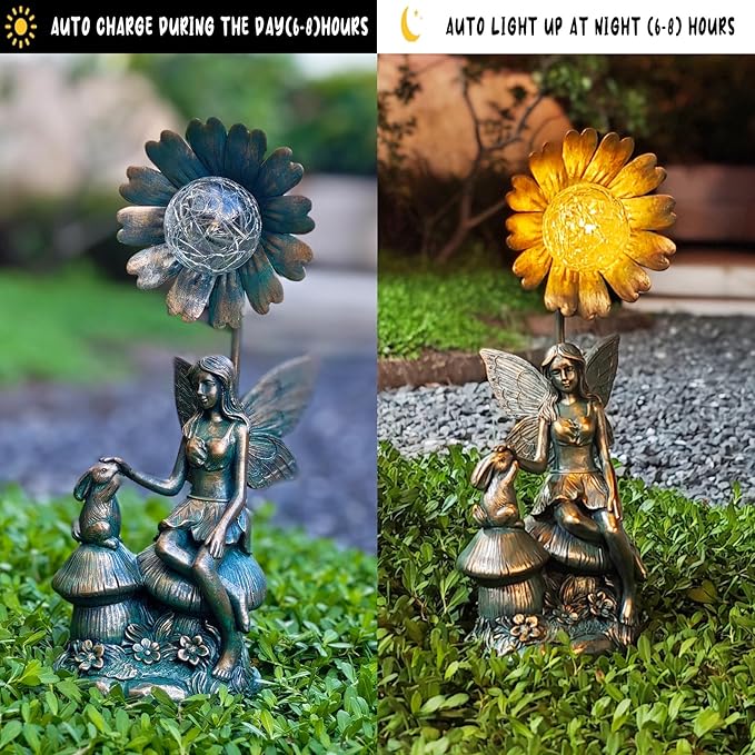 Garden Solar Fairy Statue - Mushroom Seat, Touching Rabbit, Iron Flower Glass Ball, Whimsical Outdoor Ornament