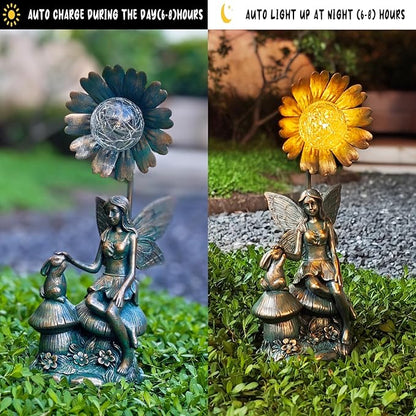 Garden Solar Fairy Statue - Mushroom Seat, Touching Rabbit, Iron Flower Glass Ball, Whimsical Outdoor Ornament