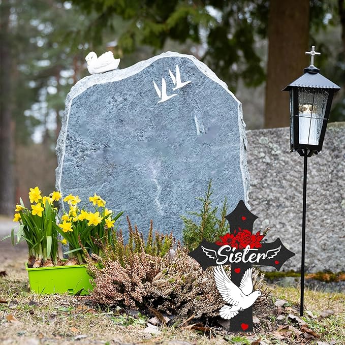 Rngmsi Cross Grave Decorations for Cemetery, Sympathy Memorial Stakes for Loss of Sister, Metal Grave Markers for Cemetery for Sister Outdoors Yard Garden (12 X 7.5 Inches)