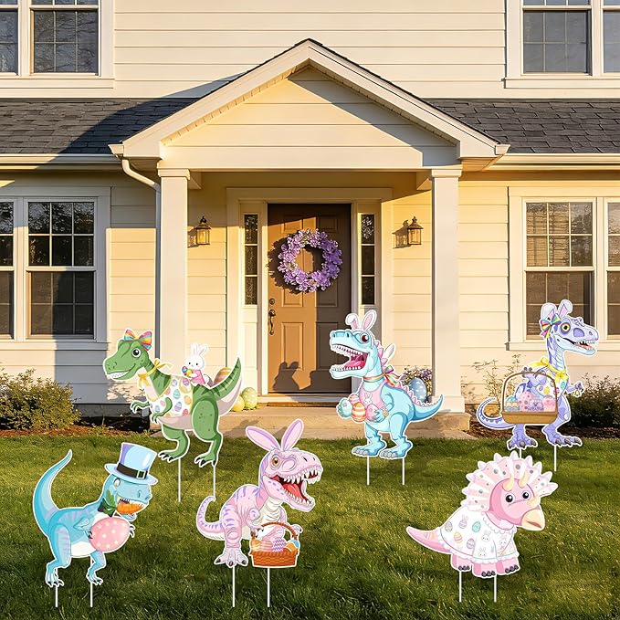 6PCS Easter Dinosaur Yard Signs with Stakes,Easter Dinosaur with Bunny and Egg Decoration for Holiday Celebration Decorations for Yard, Lawn and Patio