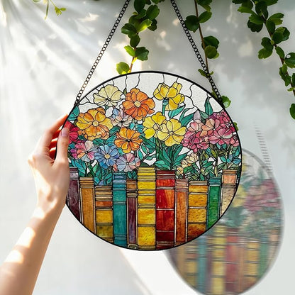 Stained Glass Window Hanging, 8 Inch Book Ornament Suncatcher, Sun Catchers Indoor Window, Flowers Suncatchers for Windows Hanging, Spring Home Garden Decor Panel, Book Lovers Gifts for Women Teacher