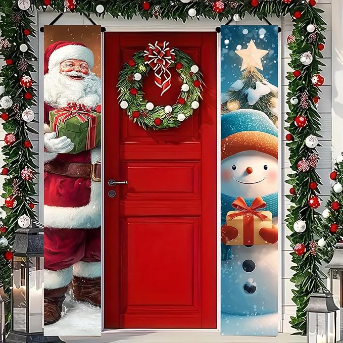 BlissYard Christmas Banner 12x71 Santa Claus Snowman Decorations Merry Christmas Porch Sign Christmas Door Banner Winter Hanging Banner Front Door Decor Outdoor Holiday Welcome Home Yard Entryway