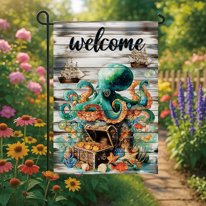 Spring Summer Garden Flag 12x18 Inch Nautical Octopus Treasure Chest Welcome Ocean Sea Pirate Ship Design Outdoor Yard Porch Lawn for Seasonal Coastal Home Decor
