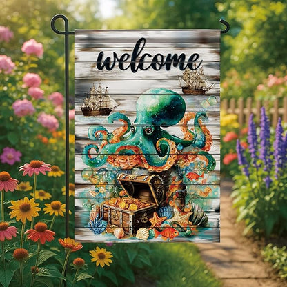 Spring Summer Garden Flag 12x18 Inch Nautical Octopus Treasure Chest Welcome Ocean Sea Pirate Ship Design Outdoor Yard Porch Lawn for Seasonal Coastal Home Decor