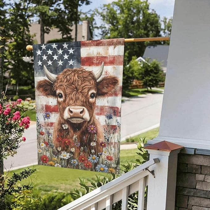 Wildflowers Highland Cow Garden Flags 12×18 Inch American Flag Double Sided Decorative Yard Banner for Outdoor Outside Decor