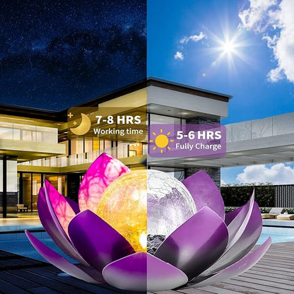 AIINY Solar Light Outdoor(2Pack), Art Crackle Globe Glass Lotus Decoration, Solar LED Waterproof Purple Metal Flower Lights for Patio,Lawn,Walkway,Tabletop