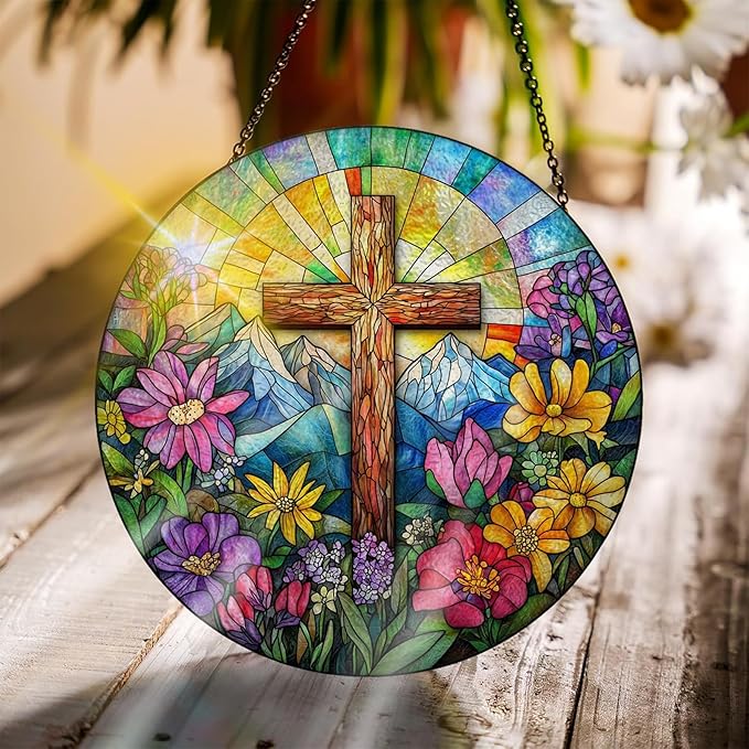 Bimkole Cross Stained Glass Suncatcher Window Hanging - Flowers Indoor Window or Doorway Decoration - Handmade Sun Catcher Decor for Garden Home Christmas & Birthday Gifts 7.87x7.87 Inch