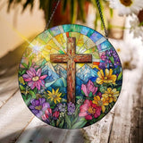 Bimkole Cross Stained Glass Suncatcher Window Hanging - Flowers Indoor Window or Doorway Decoration - Handmade Sun Catcher Decor for Garden Home Christmas & Birthday Gifts 7.87x7.87 Inch