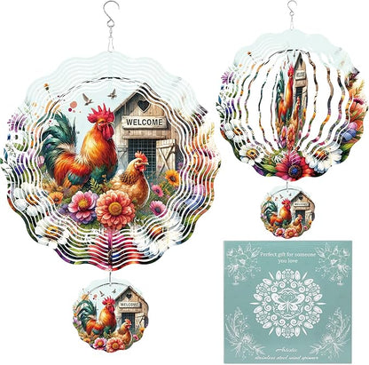 Wind Spinner Hanging Outdoor Decor, 12 Inch 3D Rooster Farmhouse Metal Kinetic Wind Spinners for Garden Yard Patio, Stainless Steel Laser Cut Art Gifts for Women Outdoor Decorations